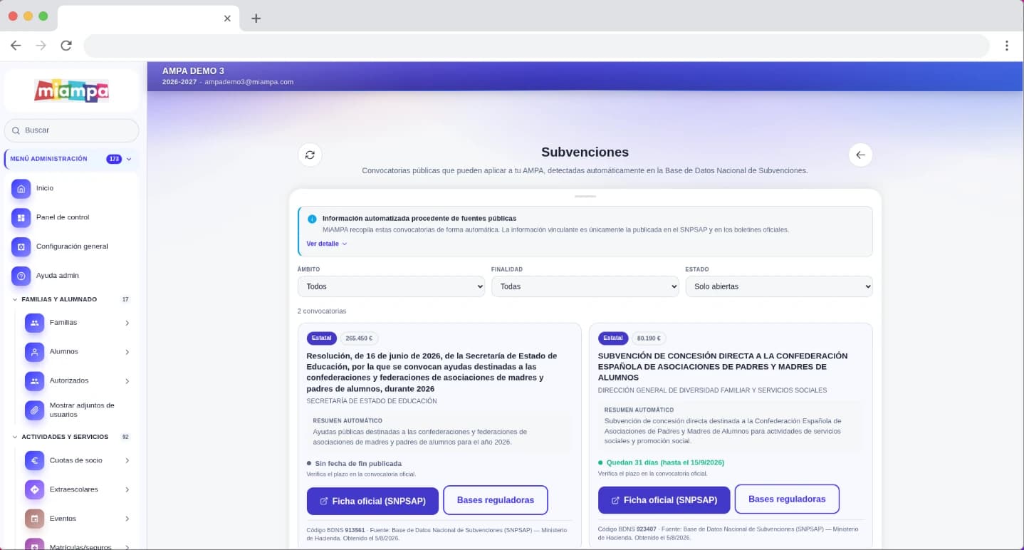 Captura de pantalla: Subvenciones