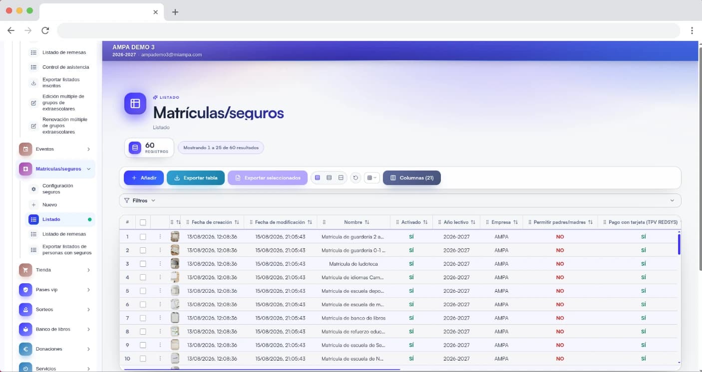 Captura de pantalla: Donaciones y seguros