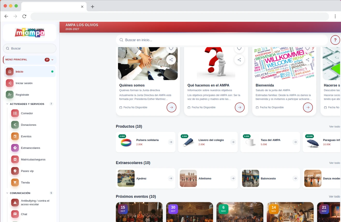 Web pública del AMPA con noticias, productos de la tienda, extraescolares y próximos eventos