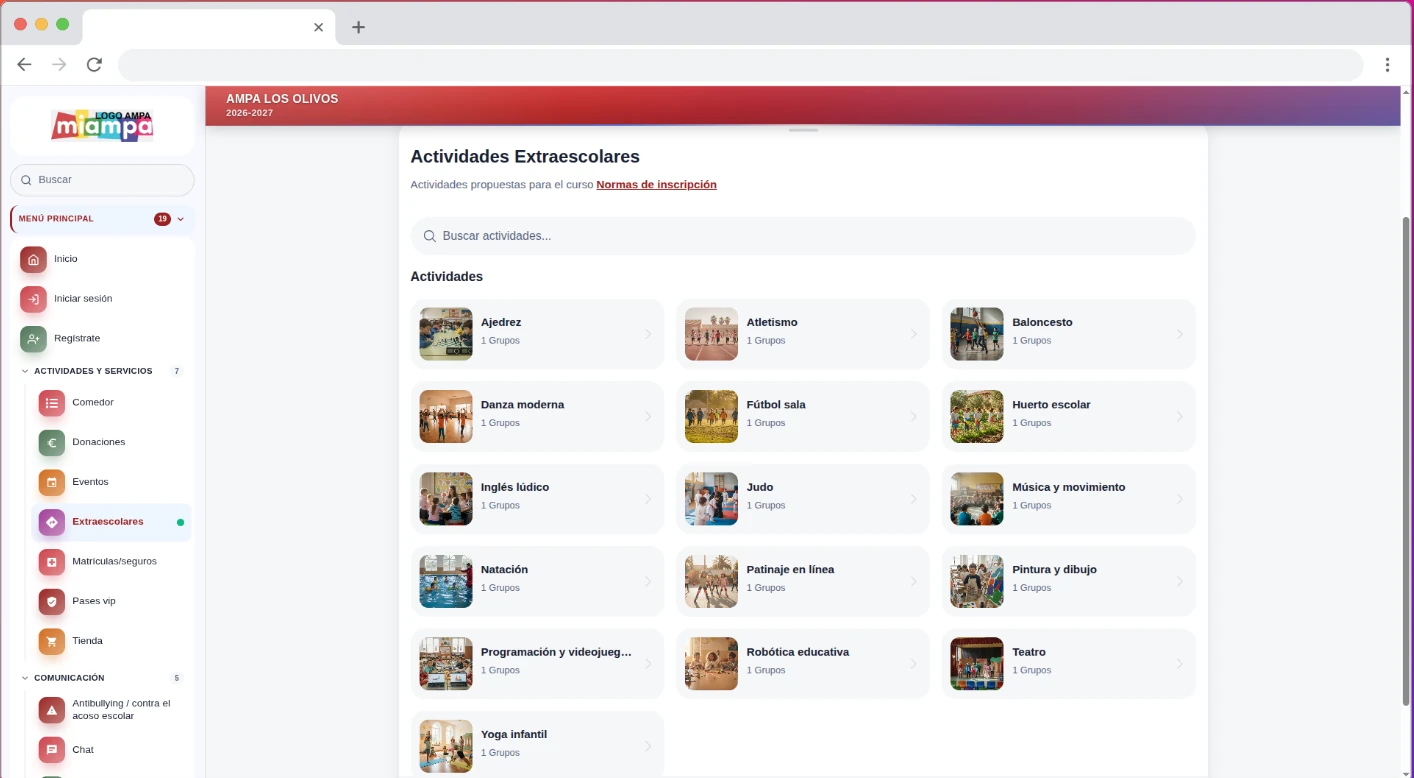 Listado de actividades extraescolares que ven las familias en la web del AMPA