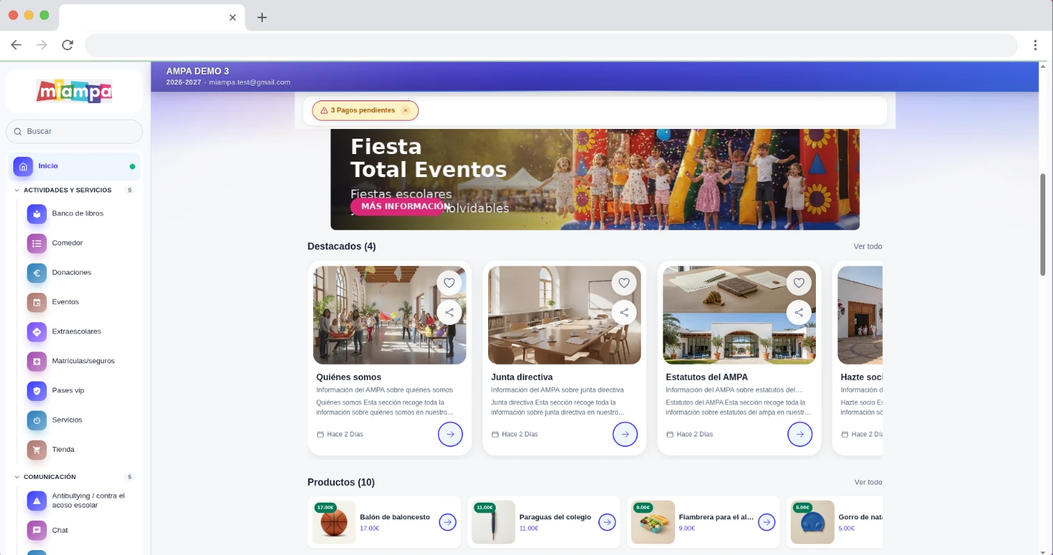 Inicio de la web del AMPA con destacados, banner de un patrocinador y productos de la tienda