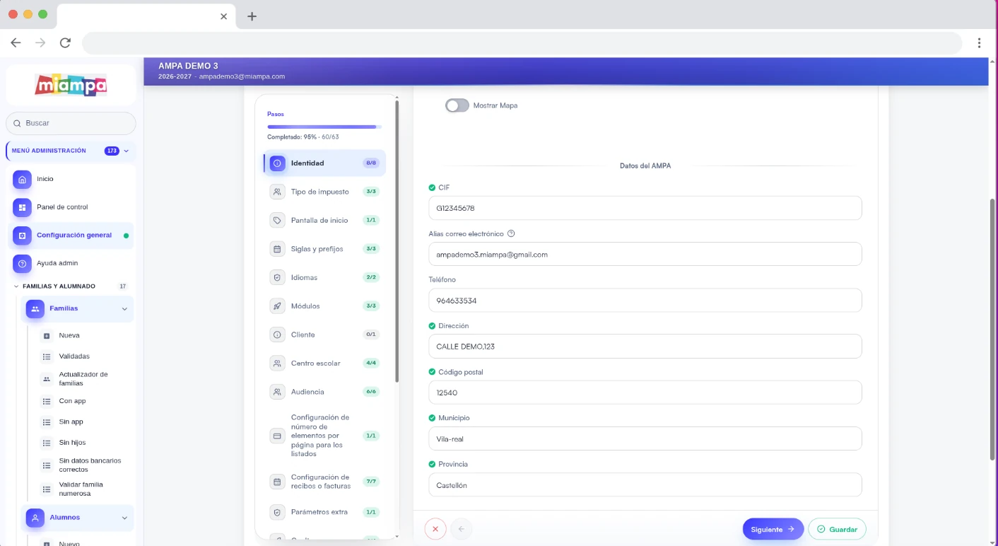 Configuración general del AMPA en el panel de administración, paso a paso