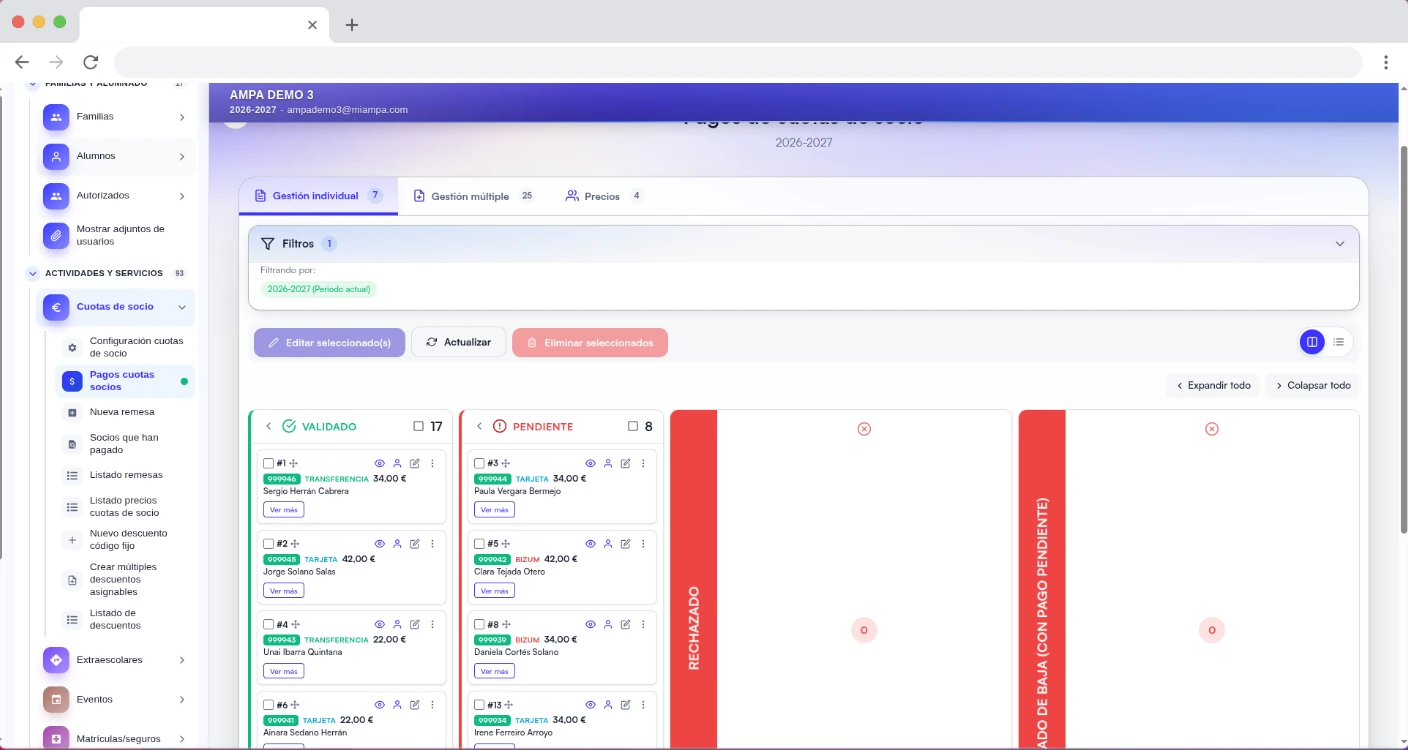 Pagos de cuotas de socio validados y pendientes, con tarjeta, Bizum y transferencia