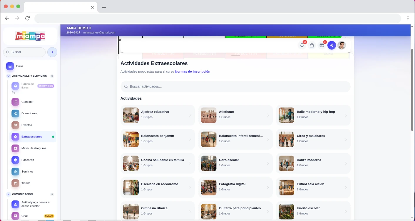 Parte pública de la web del AMPA, con las actividades y noticias visibles para las familias